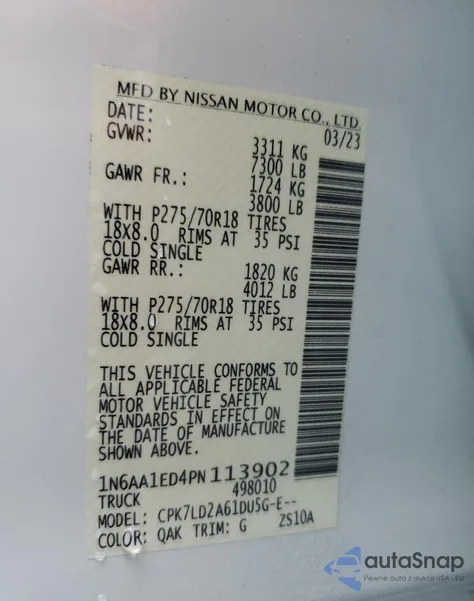 2023 Nissan Titan Sv from USA, damaged, VIN 1N6AA1ED4PN113902